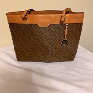 Ellen Tracy Monogram Tote‎ Bag Tan Brown Leather Accent Shoulder Bag